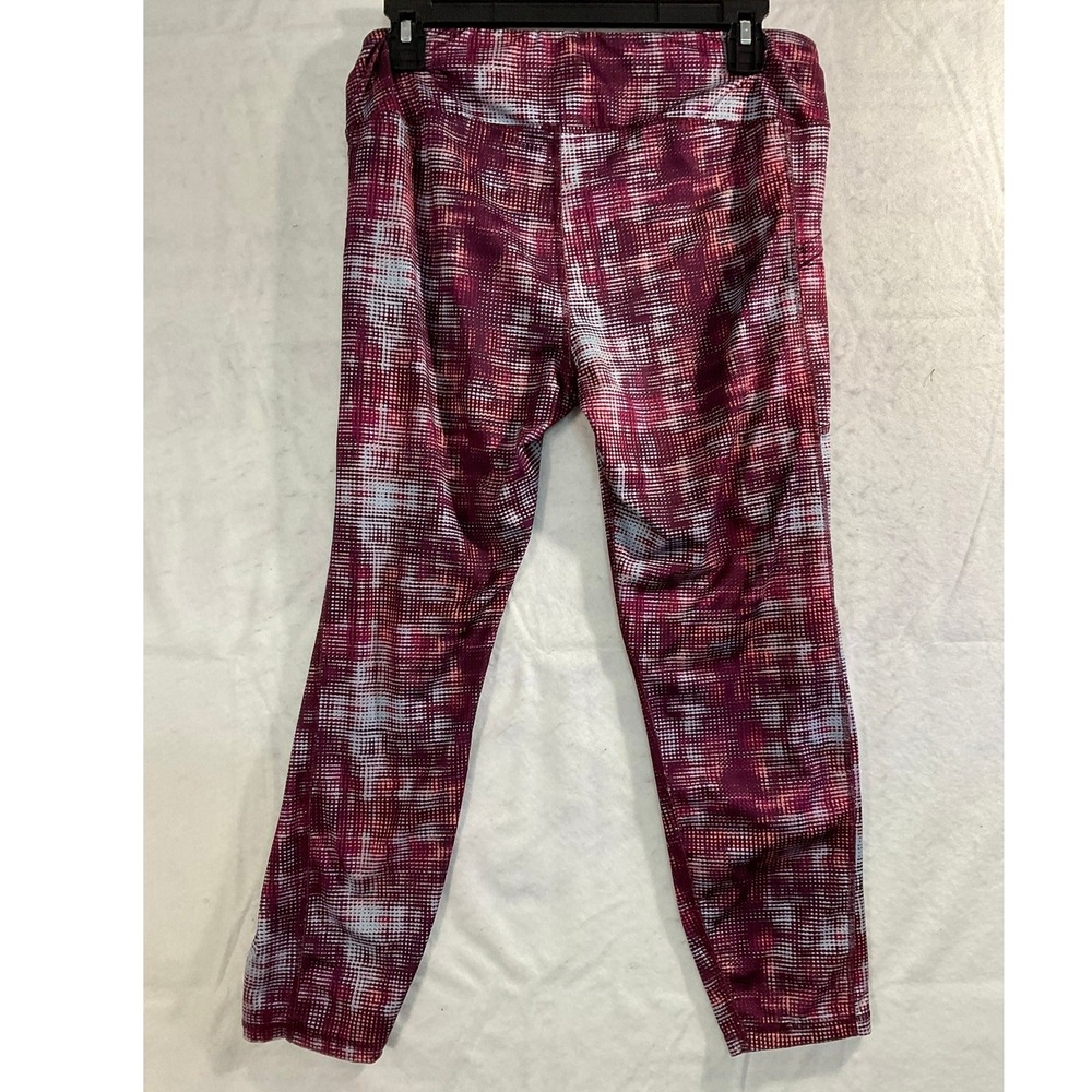 Athletic Leggings Women Medium Burgundy Pixel Grid Print Pockets Activewear